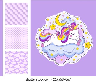 cute unicorn sleeps on the clouds print and 3 seamless pattern for children's clothing design 