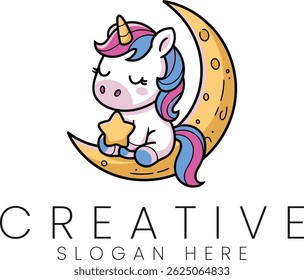 Cute unicorn sleeps peacefully on a crescent moon holding a star. Perfect for children's book