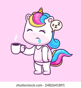 Cute Unicorn Sleepy Holding Coffee Cartoon Vector Icon Illustration. Animal Drink Icon Concept Isolated Premium Vector. Flat Cartoon Style