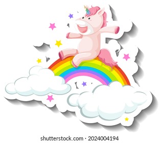 Cute unicorn slide on rainbow cartoon sticker illustration