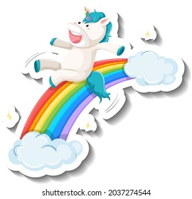 Cute unicorn slide on rainbow cartoon sticker illustration