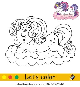 El unicornio lindo se desliza en una nube. Colorear la página del libro con una plantilla colorida. Dibujo vectorial aislado. Para colorear libros, impresos, juegos, educación, fiesta, ducha de bebé, diseño, decoración y ropa