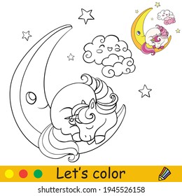 Cute unicorn slipping on a moon. Coloring book page with colorful template. Vector cartoon isolated illustration. For coloring book, print,game, education, party, baby shower, design,decor and apparel