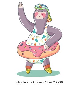 Cute unicorn sloth with donut inflatable float rubber ring vector cartoon animal character isolated on a white background.