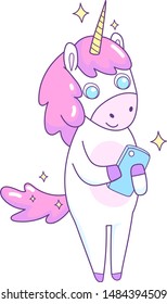 Cute unicorn with a smartphone. Vector illustration. Isolated. Hand drawn