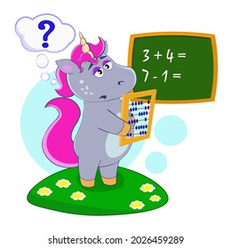 A cute unicorn solves examples on abacus in a math lesson. Cartoon vector illustration for children