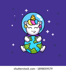 Cute unicorn in spacesuit costume flying 