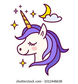 Cute unicorn with sparkles and moon vector illustration. Simple color flat line doodle icon contemporary style design element isolated in white. Magical creatures, fantasy, dreams theme.