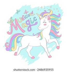 Lindo unicornio cuadrado tarjeta. Letras mágicas de unicornio. Ilustración vectorial en colores pastel. Caricatura. Diseño de postales y pegatinas. Para impresión, sublimación, camiseta y ropa de diseño, fiesta