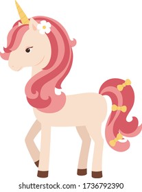 Cute unicorn standing alone. Cartoon illustration isolated on white. Vector art