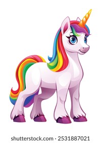 Lindo unicornio de pie con colores brillantes del arco iris en su melena y cola. Vector ilustración de dibujos animados