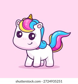 Lindo Unicornio De Pie Icono De Vector De Dibujos Animados Ilustración. Icono de Naturaleza Animal Concepto Aislado Premium Vector. Estilo plano de la historieta