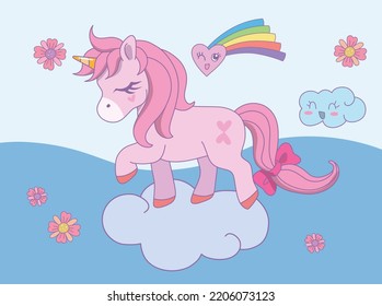 Cute unicorn standing with eyes closed and tail tied bow in the sky with rainbow and cloud. Vector design illustration.