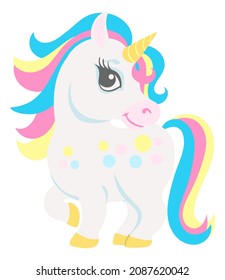 Cute unicorn standing. Happy cartoon animal smiling