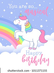 Cute unicorn standing on the cloud illustration for birthday card design