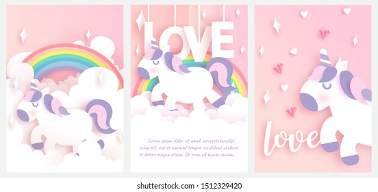 A cute unicorn standing on cloud  . Set of greeting card  birthday card ,valentine's card and template card in paper cut and craft style .