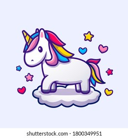 Cute Unicorn Standing On Cloud Cartoon Vector Icon Illustration. Animal Love Icon Concept Isolated Premium Vector. Flat Cartoon Style