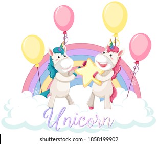 Cute unicornio parado en la nube con arcoiris pastel aislado en ilustración de fondo blanco
