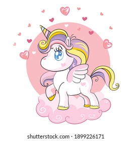 Cute unicorn standing on cloud with hearts. Vector illustration isolated on white background. Birthday, party concept. For sticker, embroidery, design, decoration, print, t-shirt, dishes, packaging