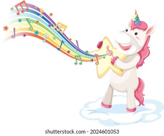 Cute unicorn standing on the cloud with melody symbols on rainbow illustration