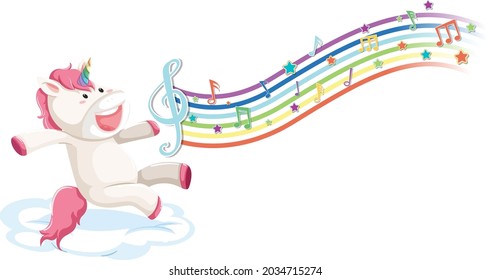 Cute unicorn standing on the cloud with melody symbols on rainbow illustration