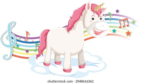 Cute unicorn standing on the cloud with melody symbols on rainbow illustration