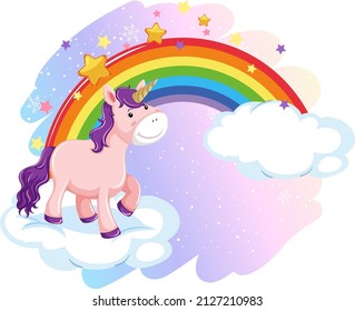 Cute unicorn standing on a cloud with rainbow illustration