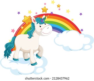 Cute unicorn standing on a cloud with rainbow illustration