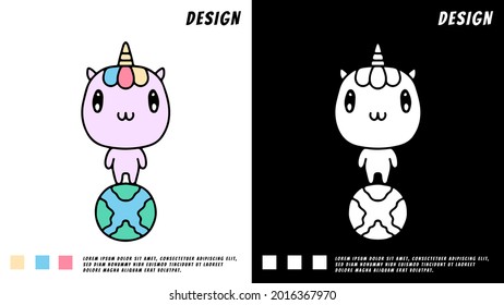 lindo unicornio parado en la caricatura de la tierra. ilustración para camisetas, afiches, logotipos, pegatinas o prendas de vestir.