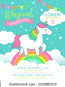 Cute Unicorn Standing On The Rainbow Illustration For Party Invitation Card Design Template