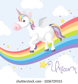 Cute unicorn standing on rainbow illustration