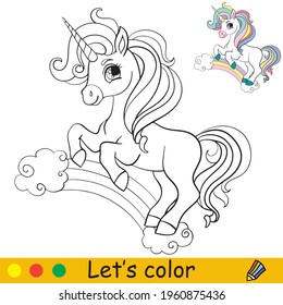 Cute unicorn standing on a rainbow. Coloring book page with colorful template. Vector cartoon isolated illustration. For coloring book, education, print, game, baby shower, design, decor and apparel