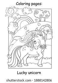 Cute unicorn standing on the summer blooming meadow. Coloring book page. Vector cartoon illustration isolated on white background. For coloring book, preschool education, print and game.