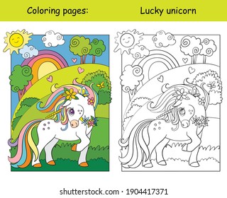 Cute unicorn standing on the summer blooming meadow. Coloring book page wih colored template. Vector cartoon illustration isolated on white background.For coloring book, preschool education,print,game