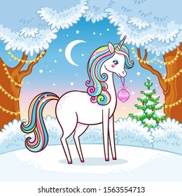 Cute unicorn stands in the middle of a winter forest. Vector illustration of a mythical animal in cartoon style.