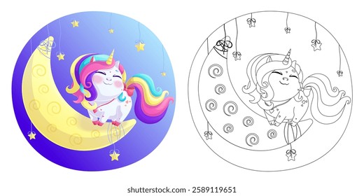 A cute unicorn stands on a crescent moon. A page of a children's coloring book. A black outline on a white background. Vector isolated illustration with a colorful template. For coloring, printing.
