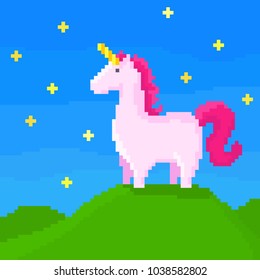 A cute unicorn stands on the hill on a starry night. Pixel art vector illustration. 8 bit style. 