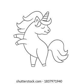 Cute unicorn stands on its hind legs. Hand drawn fairy horse with a horn. Isolated vector illustration in doodle style on white background