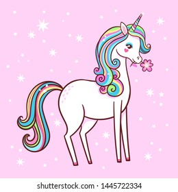 Cute unicorn stands on a pink background with stars and holds a flower in his teeth. Vector illustration with a mythical animal.