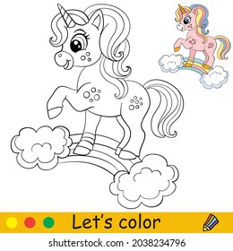 Cute unicorn stands on a rainbow. Coloring book page for children. Vector cartoon illustration. For coloring book, education, print, game, decor, puzzle,design