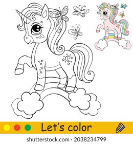 Cute unicorn stands on a rainbow and butterflies. Coloring book page for children. Vector cartoon illustration. For coloring book, education, print, game, decor, puzzle,design