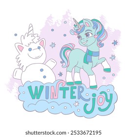 Cute unicorn stands with a snowman. Vector illustration of a mythical animal in cartoon style. Winter and Christmas concept. For print, cards, invitation, sublimation, t shirt and clothes design