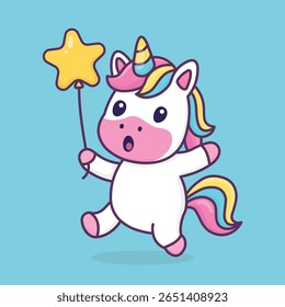 Cute Unicorn with Star Balloon Cartoon Illustration