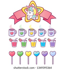 Cute unicorn in a star frame with a collection of delicious icons