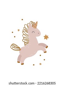 Cute Unicorn with star. Vector Print for kids room decoration, fabric, paper, card, t shirt, poster, textile. Vector illustration