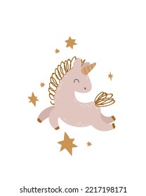 Cute Unicorn with star. Vector Print for kids room decoration, fabric, paper, card, t shirt, poster, textile. Vector illustration