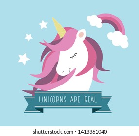 Cute Unicorn with Stars and Rainbow
