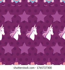 Cute Einhorn und Sterne nahtlose Muster auf violettem Polka-Hintergrund