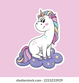 Cute unicorn sticker. Animal sits on cloud with stars. Metaphor of lightness, tenderness and love. Imagination and fantasy, fairy tale and fictional character. Cartoon flat vector illustration