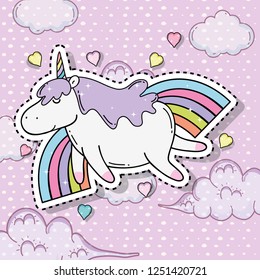 cute unicorn sticker with clouds and hearts
